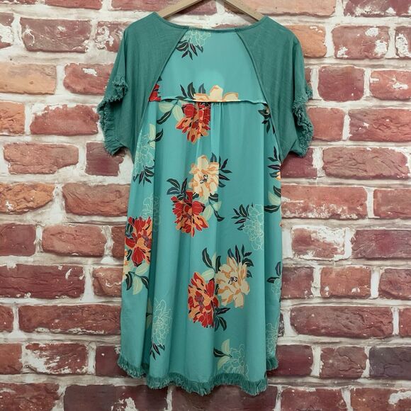 Umgee Dress Women's Medium Aqua Blue Multicolor Floral Back Raw Edge Trim - Picture 2 of 8